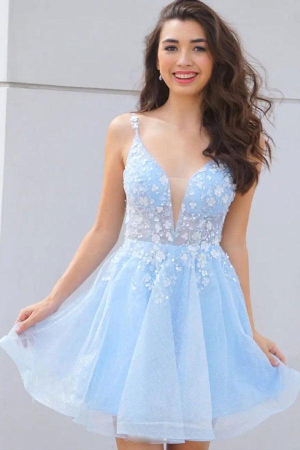 Cute V Neck Light Lace Floral Short Prom Homecoming Dresses