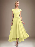 A-Linien-Kleid aus Chiffon mit asymmetrischem, plissiertem Spitzeneinsatz und Illusion-Ausschnitt für die Mutter der Braut 