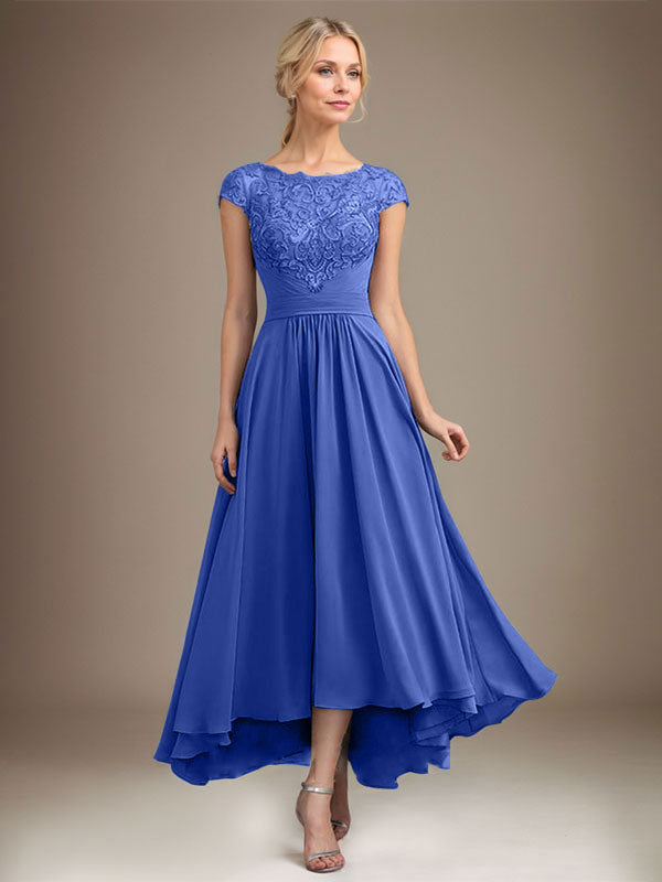 A-Linien-Kleid aus Chiffon mit asymmetrischem, plissiertem Spitzeneinsatz und Illusion-Ausschnitt für die Mutter der Braut 