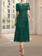 A-Linien-Kleid mit Rundhalsausschnitt, Illusion-Ausschnitt, Teelänge, Spitze und Pailletten für die Mutter der Braut