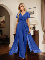 Jumpsuit/Hosenanzug, bodenlanges Chiffon-Abendkleid mit V-Ausschnitt