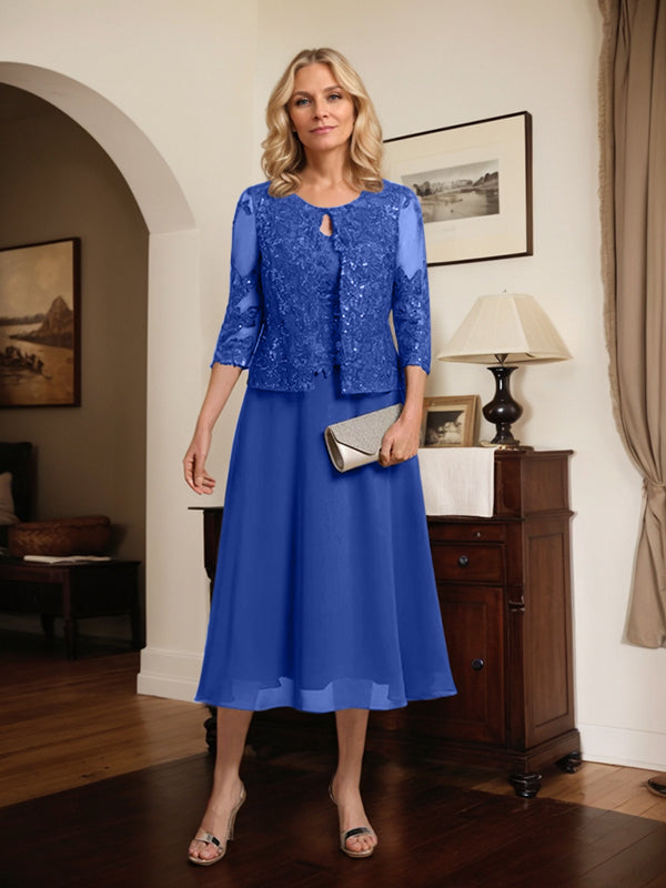 Vestido de gasa con encaje y lentejuelas para madre de la novia, corte A, escote redondo y largo hasta la rodilla 