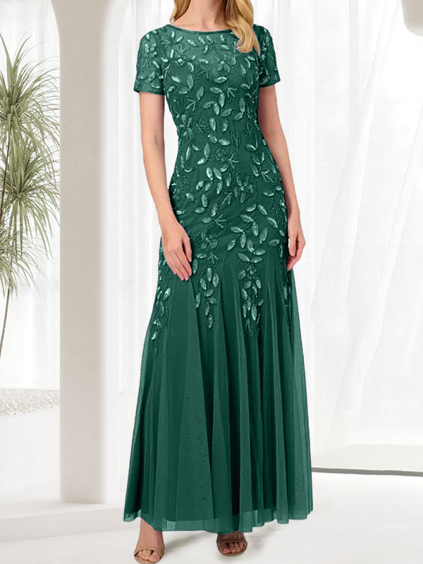 Vestido largo de sirena azul con cuello redondo para madre de la novia con abalorios