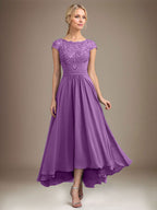 A-Linien-Kleid aus Chiffon mit asymmetrischem, plissiertem Spitzeneinsatz und Illusion-Ausschnitt für die Mutter der Braut 