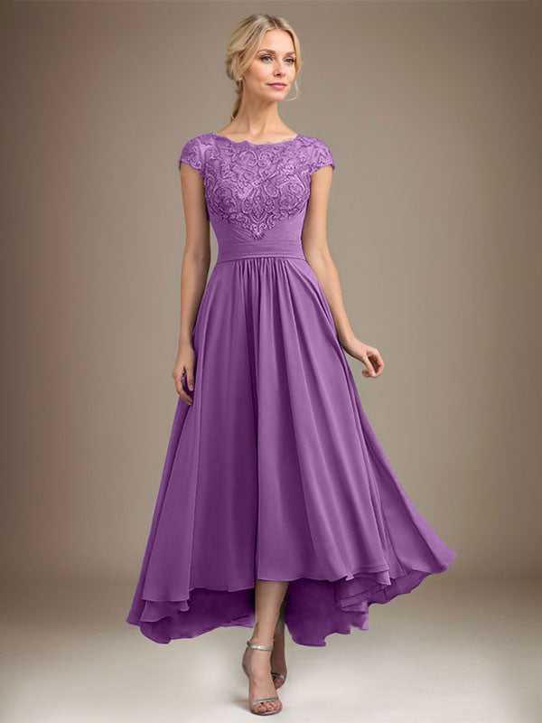 A-Linien-Kleid aus Chiffon mit asymmetrischem, plissiertem Spitzeneinsatz und Illusion-Ausschnitt für die Mutter der Braut 