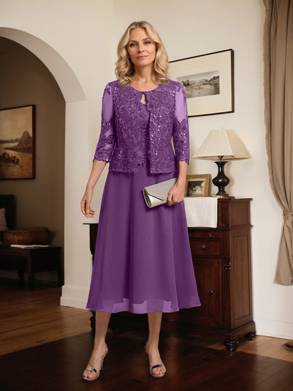 Vestido de gasa con encaje y lentejuelas para madre de la novia, corte A, escote redondo y largo hasta la rodilla 