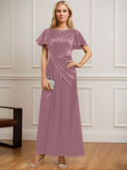A-Linien-Kleid aus Stretch-Satin mit Rundhalsausschnitt und knöchellanger Verarbeitung für die Mutter der Braut, verziert mit plissierten Perlen. 