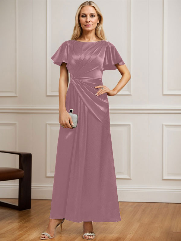 Vestido de madre de la novia de satén elástico con escote redondo y largo hasta los tobillos, corte en A y cuentas plisadas 