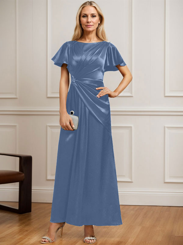 Vestido de madre de la novia de satén elástico con escote redondo y largo hasta los tobillos, corte en A y cuentas plisadas 