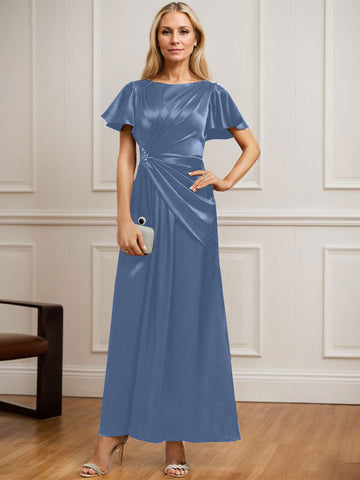 A-Linien-Kleid aus Stretch-Satin mit Rundhalsausschnitt und knöchellanger Verarbeitung für die Mutter der Braut, verziert mit plissierten Perlen. 