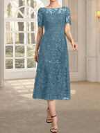 A-Linien-Kleid mit Rundhalsausschnitt, Illusion-Ausschnitt, Teelänge, Spitze und Pailletten für die Mutter der Braut