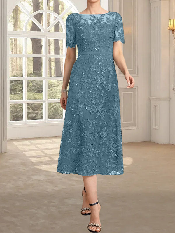 Vestido de encaje para madre de la novia con lentejuelas, corte A, escote ilusión, largo hasta la rodilla