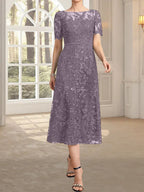 A-Linien-Kleid mit Rundhalsausschnitt, Illusion-Ausschnitt, Teelänge, Spitze und Pailletten für die Mutter der Braut