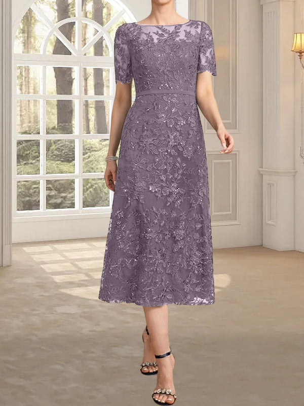 Vestido de encaje para madre de la novia con lentejuelas, corte A, escote ilusión, largo hasta la rodilla