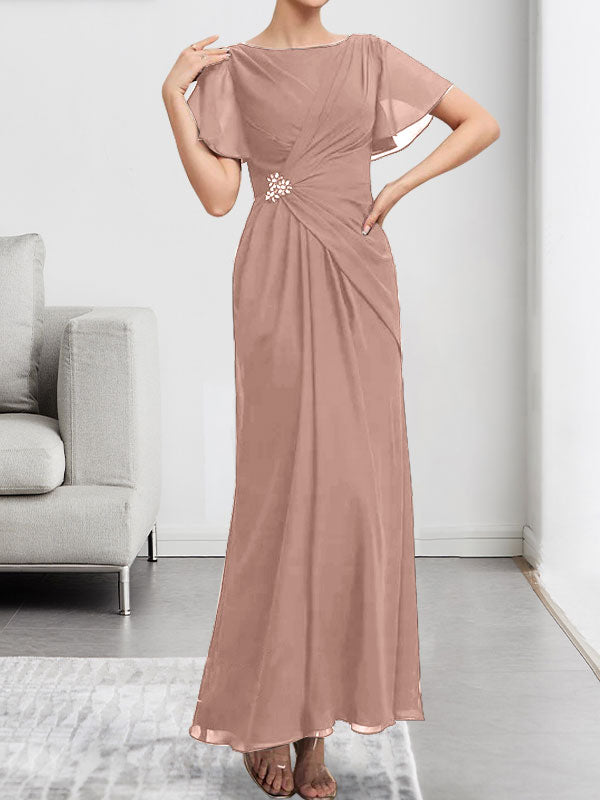 Vestido de gasa para madre de la novia, corte A, escote redondo, largo hasta los tobillos, con cuentas y pliegues