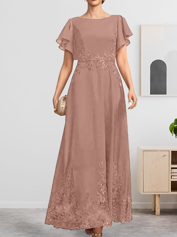 A-Linien-Kleid mit Rundhalsausschnitt, knöchellang, aus Spitze und Chiffon, mit Pailletten besetzt