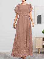 A-Linien-Kleid mit Rundhalsausschnitt, knöchellang, aus Spitze und Chiffon, mit Pailletten besetzt