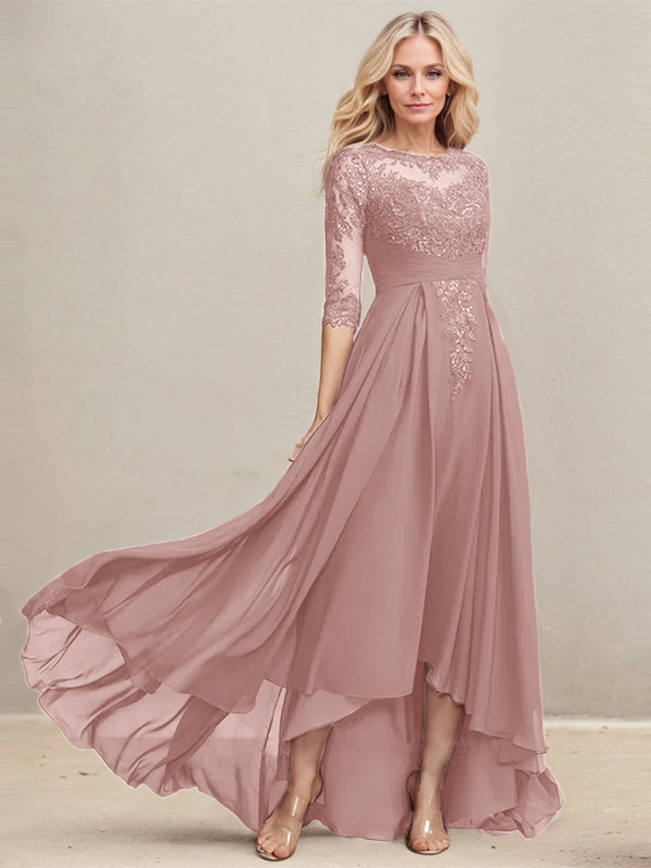 Vestido de madre de la novia de gasa con encaje asimétrico, ilusión, corte A y lentejuelas plisadas 