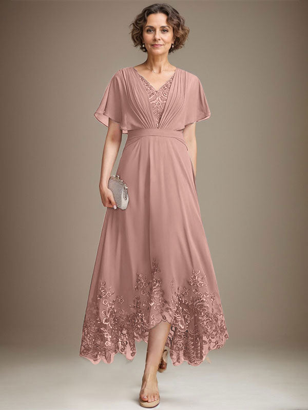 A-Linien-Kleid aus Chiffon mit asymmetrischem V-Ausschnitt und Spitze für die Mutter der Braut mit Falten