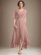A-Linien-Kleid aus Chiffon mit asymmetrischem V-Ausschnitt und Spitze für die Mutter der Braut mit Falten