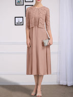 Vestido de gasa para madre de la novia, corte A, escote redondo, largo hasta la rodilla, con pliegues