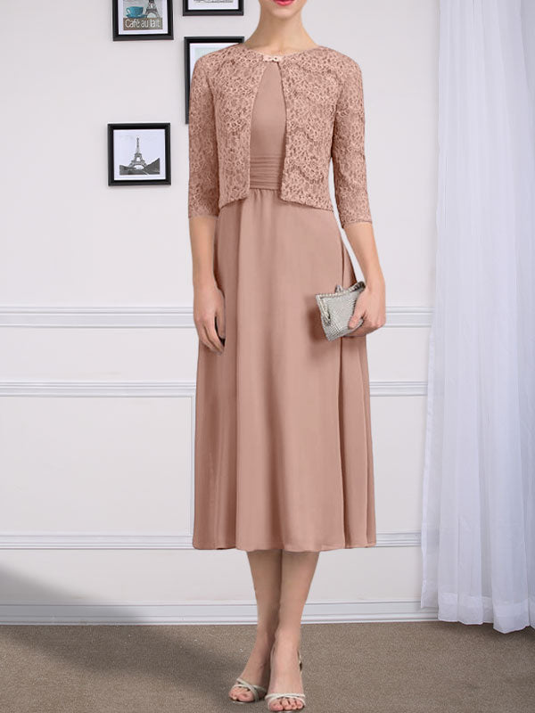Vestido de gasa para madre de la novia, corte A, escote redondo, largo hasta la rodilla, con pliegues