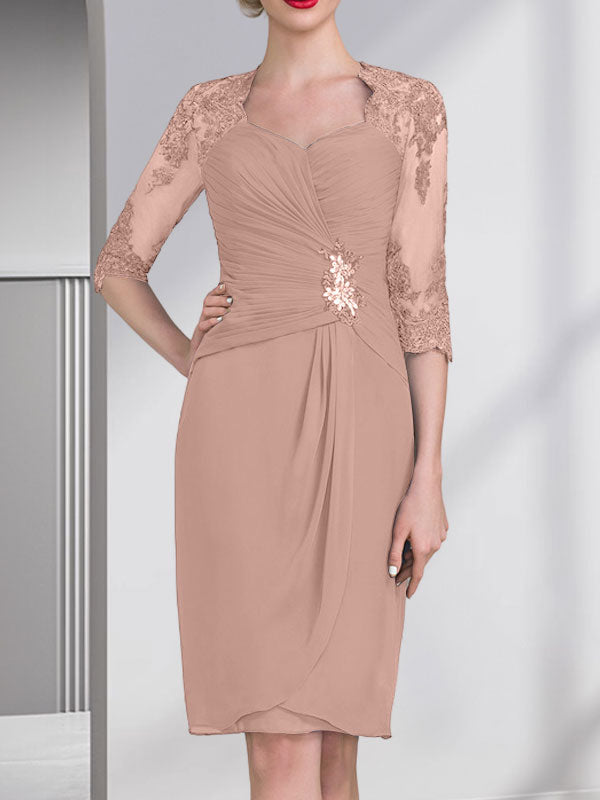 Vestido de gasa para madre de la novia, con escote en forma de corazón, largo hasta la rodilla, con apliques de cuentas, encaje y lentejuelas, plisado.