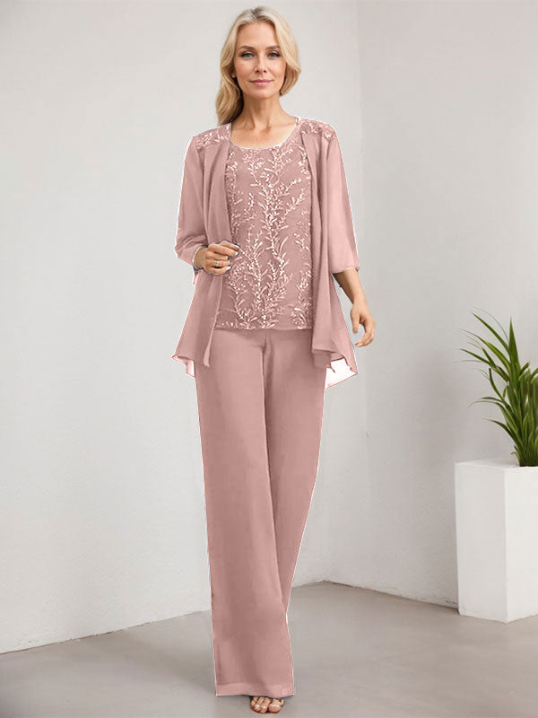Zweiteiliger Jumpsuit/Hosenanzug, bodenlanges Chiffon-Kleid mit Spitze und Pailletten für die Mutter der Braut