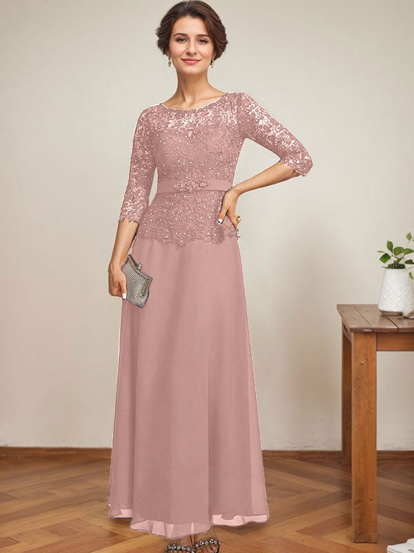 A-Linien-Kleid mit U-Boot-Ausschnitt, Illusion-Detail, knöchellang, aus Chiffon und Spitze mit Strassperlen für die Mutter der Braut. 