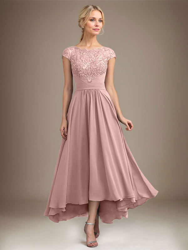 A-Linien-Kleid aus Chiffon mit asymmetrischem, plissiertem Spitzeneinsatz und Illusion-Ausschnitt für die Mutter der Braut 