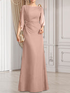 Etui-/Säulen-Chiffonkleid in Bodenlänge für die Mutter der Braut mit plissierter Perlenstickerei