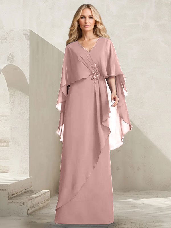 A-Linien-Kleid aus Chiffon mit V-Ausschnitt, bodenlang, mit Kaskadenrüschen und Perlenstickerei für die Mutter der Braut. 