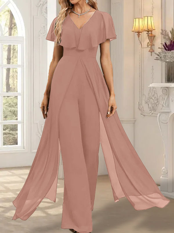 Jumpsuit/Hosenanzug, bodenlanges Chiffon-Abendkleid mit V-Ausschnitt
