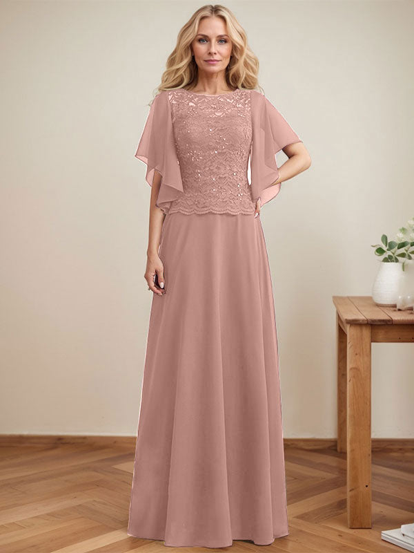 Vestido de madre de la novia de gasa con encaje, ilusión, largo hasta el suelo, corte A y lentejuelas 