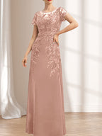 Etuikleid/Säulenkleid mit Illusion-Ausschnitt, bodenlang, aus Chiffon und Spitze mit Pailletten für die Mutter der Braut