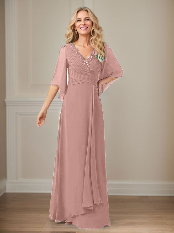 Vestido largo de gasa con lentejuelas y escote en V en forma de A para madre