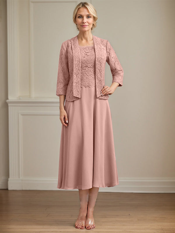 Vestido de gasa con encaje y escote redondo hasta la rodilla para madre de la novia 