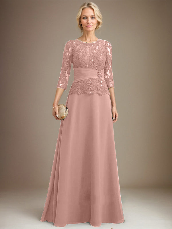 Vestido de gasa con encaje y escote en A, ilusión, largo hasta el suelo, para madre de la novia, con lentejuelas plisadas y abalorios 