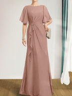 A-Linien-Kleid aus Chiffon in Bodenlänge für die Mutter der Braut mit kaskadenartigen Rüschen, Perlen und Pailletten