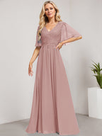 A-Linien-Kleid aus Chiffon mit V-Ausschnitt, bodenlang, mit Pailletten besetzt – ideal für die Mutter der Braut 