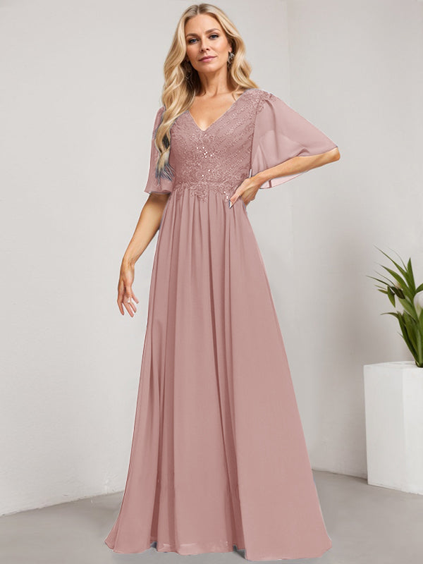 Vestido de gasa con encaje y lentejuelas para madre de la novia, corte A, escote en V y largo hasta el suelo 