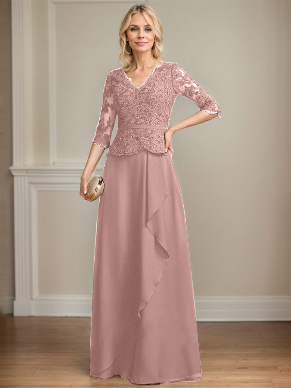 A-Linien-Kleid aus Chiffon mit V-Ausschnitt, bodenlang, mit Spitze, Kaskadenrüschen und Pailletten für die Mutter der Braut 