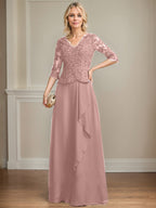 A-Linien-Kleid aus Chiffon mit V-Ausschnitt, bodenlang, mit Spitze, Kaskadenrüschen und Pailletten für die Mutter der Braut 