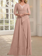 A-Linien-Kleid aus Chiffon mit V-Ausschnitt, bodenlang, für die Mutter der Braut, mit plissierter Perlenstickerei