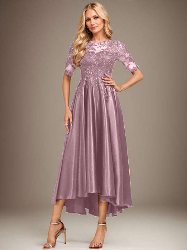 Vestido de madre de la novia de encaje satinado elástico asimétrico con ilusión de escote en A y lentejuelas 