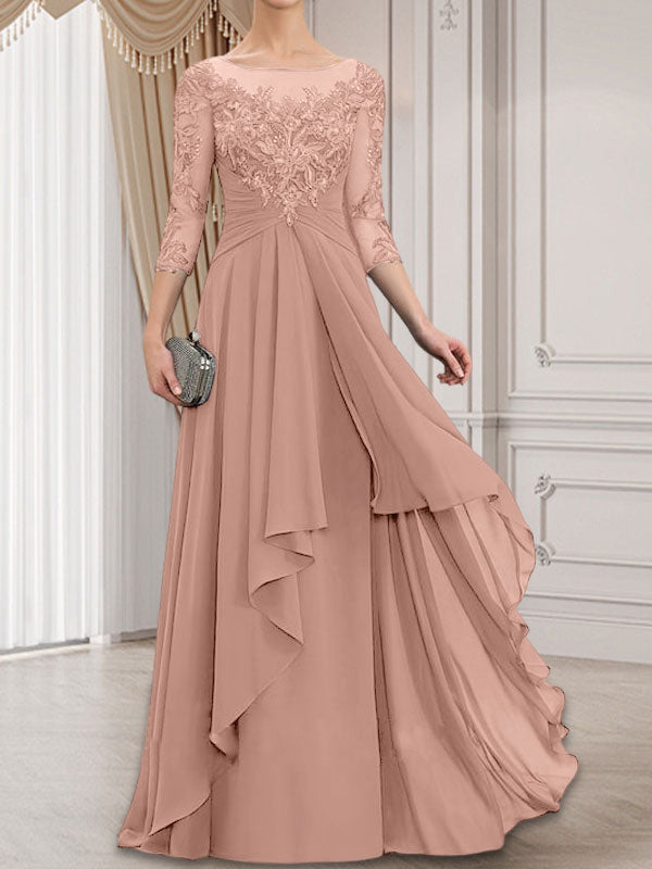 Vestido de gasa con encaje y volantes en cascada para madre de la novia, corte A, escote ilusión, largo hasta el suelo