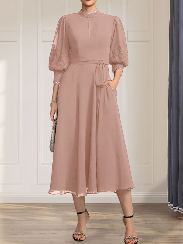 A-Linien-Kleid aus Chiffon mit hohem Kragen, Teelänge und Spitze für die Mutter der Braut, verziert mit einer Schleife
