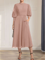 A-Linien-Kleid aus Chiffon mit hohem Kragen, Teelänge und Spitze für die Mutter der Braut, verziert mit einer Schleife