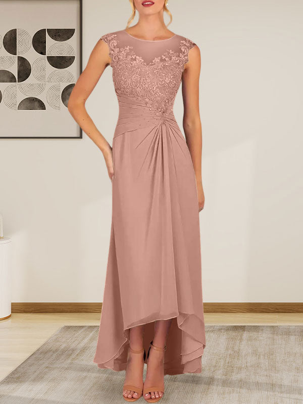 Vestido de gasa con encaje y escote redondo en forma de A color champán