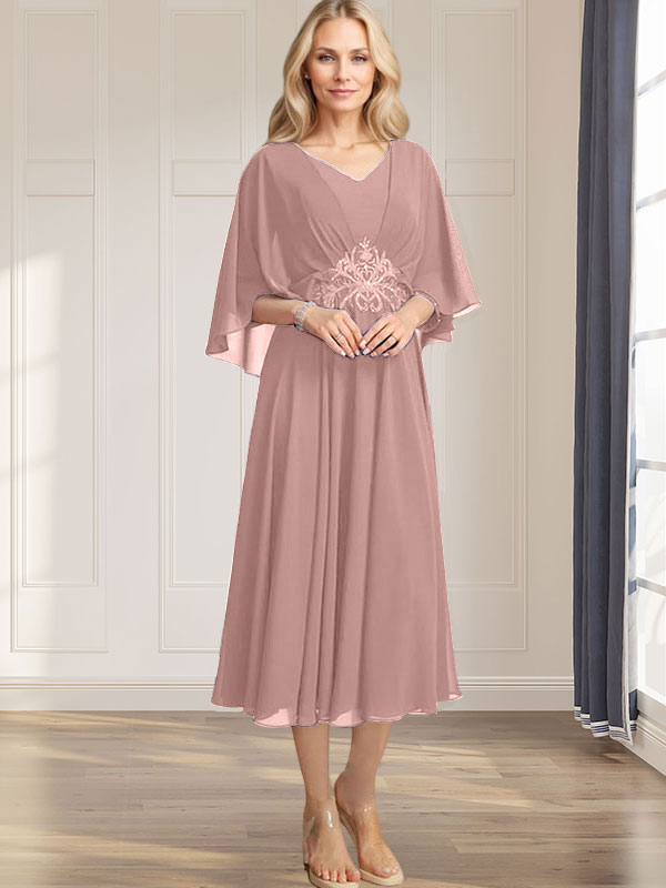 A-Linien-Kleid aus Chiffon mit V-Ausschnitt, Teelänge, plissierten Paillettenapplikationen und Perlenstickerei für die Mutter der Braut 